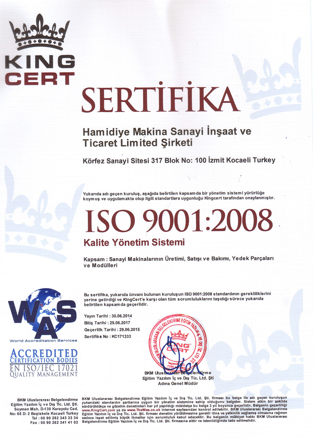 Kalite Belgesi ISO 9001